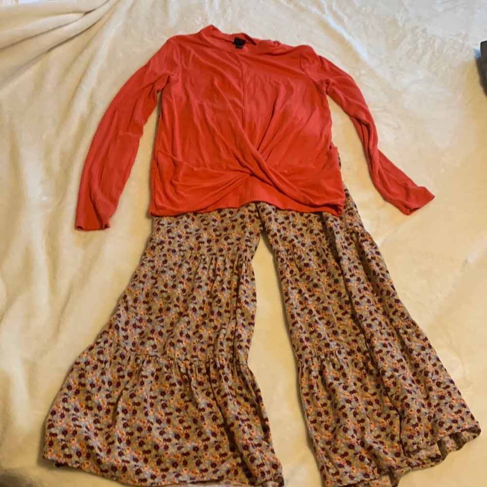 Art class 10/12 orange shirt and flowered bell bottoms